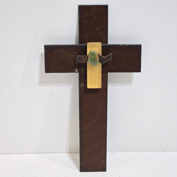 Cross Rustic Metal Turquoise Stone Resin/Glass Southwestern Religious 7.5" Wall - Picture 2 of 8